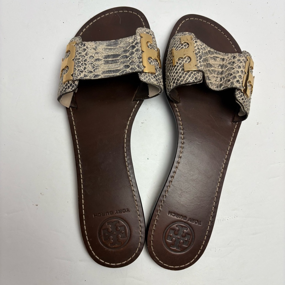 Tory Burch Brown Leather Slide Sandals with Snake-Print Straps and Gold Hardware